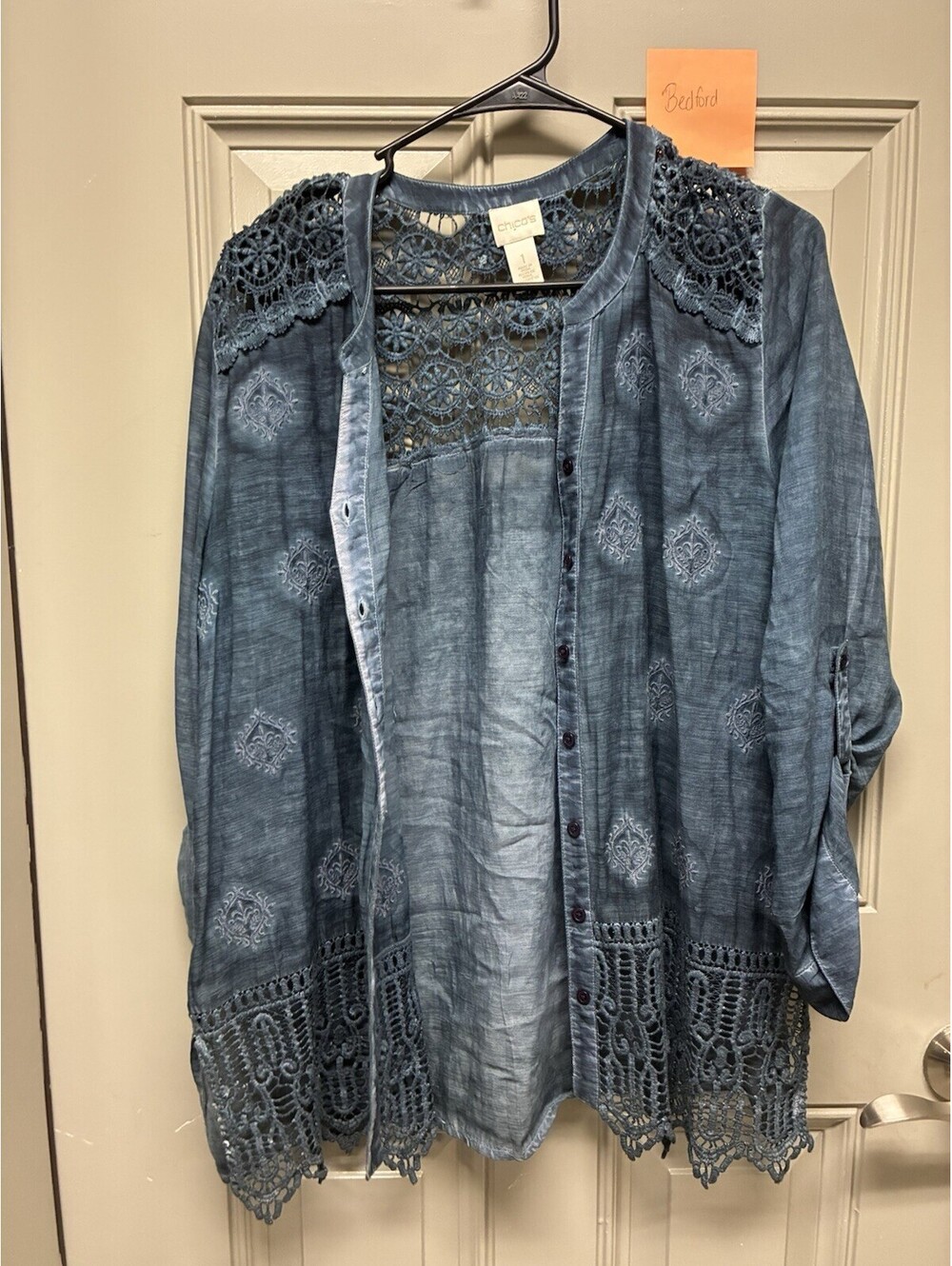 Chico’s Blue Tie Due Lace Detail Ladies Jacket Size 1